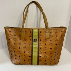 MCM‎ Cognac Visetos Monogram Green Stripe Liz Shopper Tote